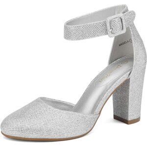 Dream Pairs Women Silver Glitter Faux Suede Block High Heel Closed Toe Sandal